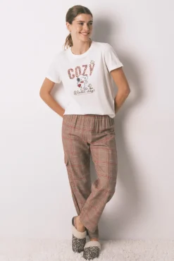 Pijama largo 100% algodón estampado cuadros Snoopy