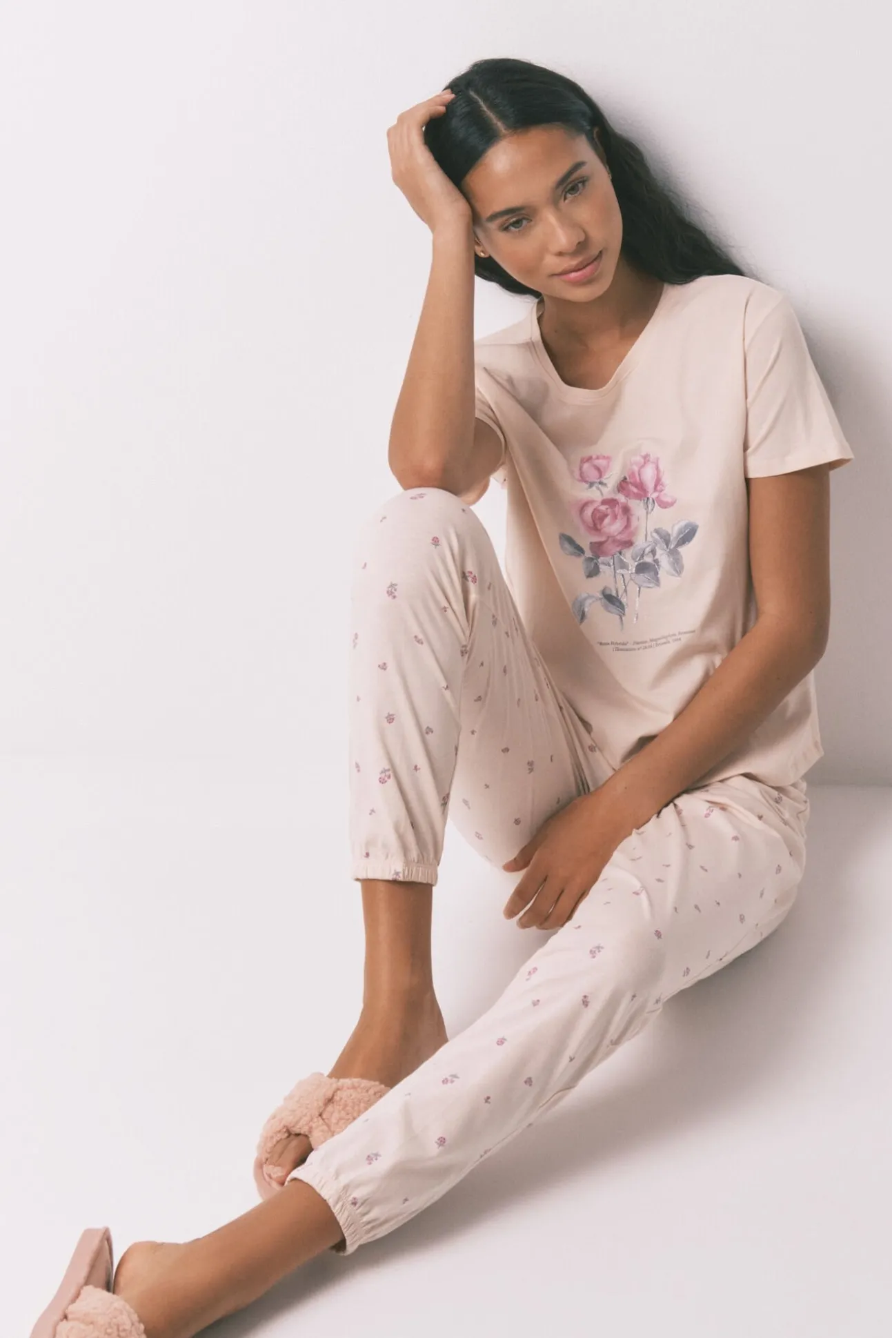 Pijama largo 100% algodón flores rosa