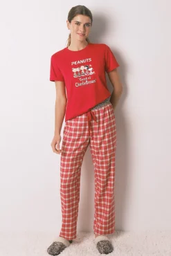 Pijama largo 100% algodón rojo cuadros Snoopy
