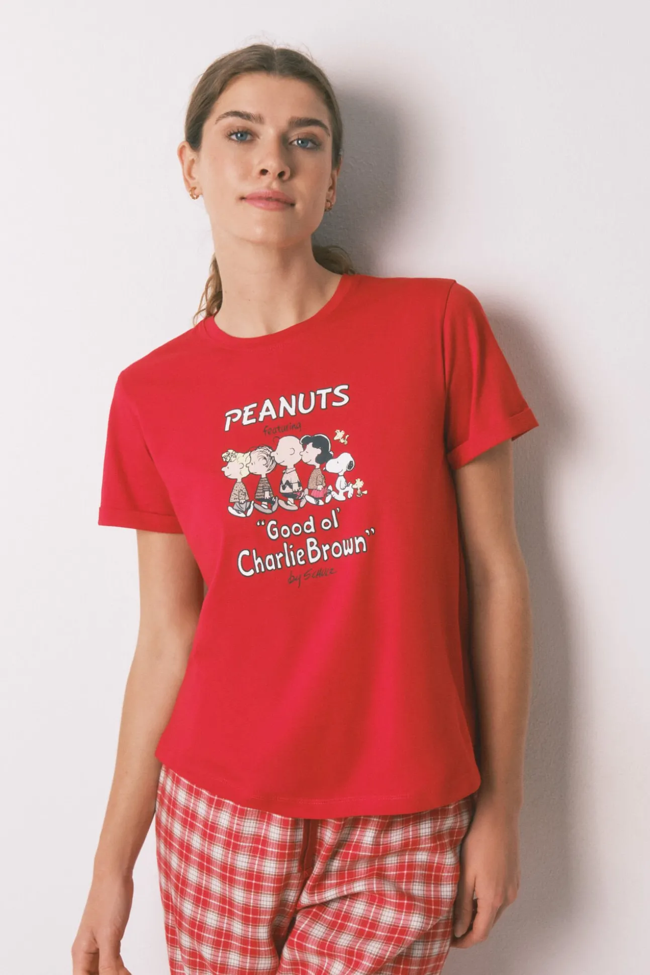 Pijama largo 100% algodón rojo cuadros Snoopy