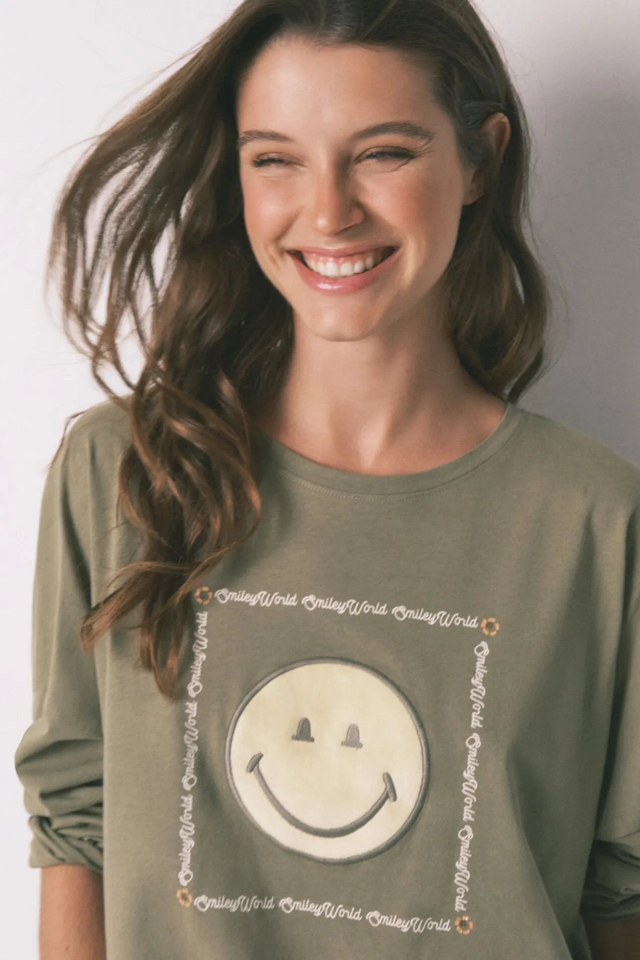 Pijama largo 100% algodón Smiley kaki