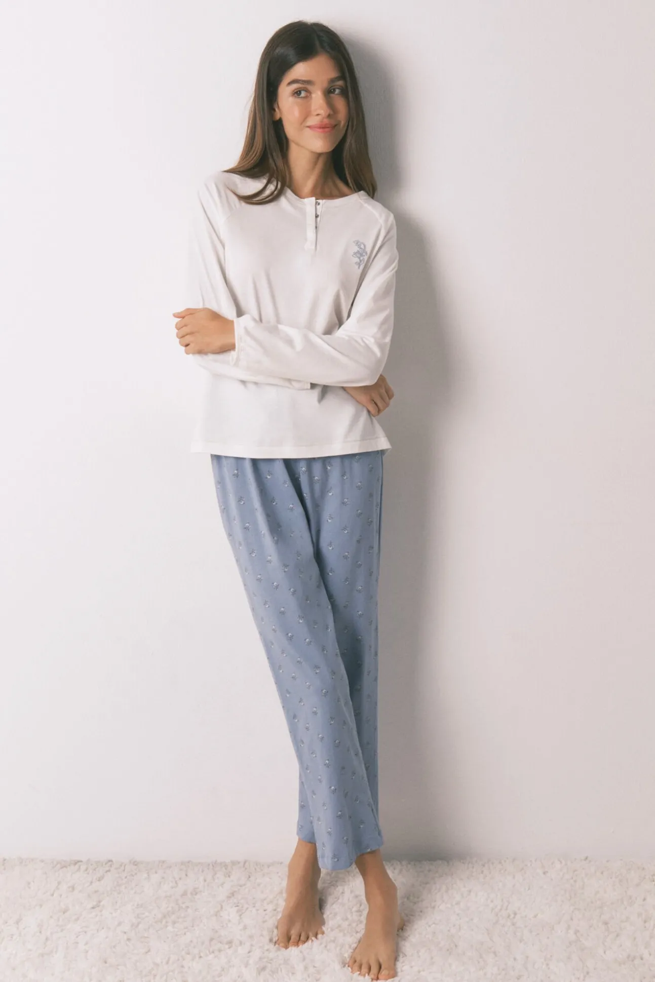 Pijama largo algodón pantalón flores