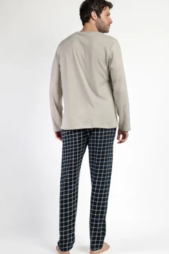 Pijama largo azul y beige cuadrospara hombre
