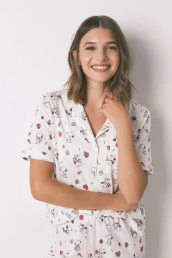 Pijama largo camisero 100% algodón blanco Snoopy