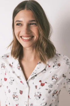 Pijama largo camisero 100% algodón blanco Snoopy