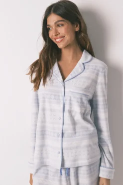 Pijama largo camisero polar cenefa