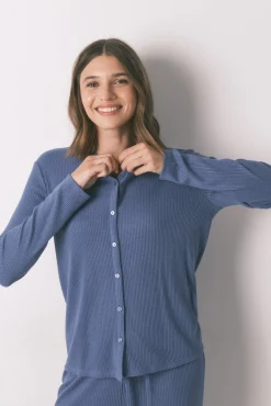 Pijama largo canalé efecto brillo azul