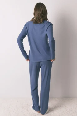 Pijama largo canalé efecto brillo azul