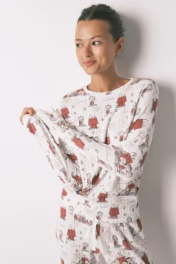 Pijama largo canalé suave blanco Snoopy