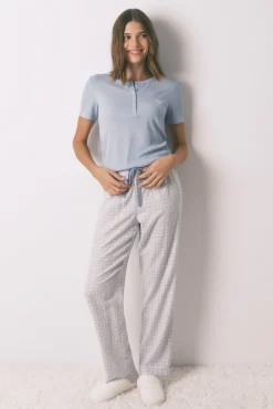 Pijama largo cuadros efecto brillo azul