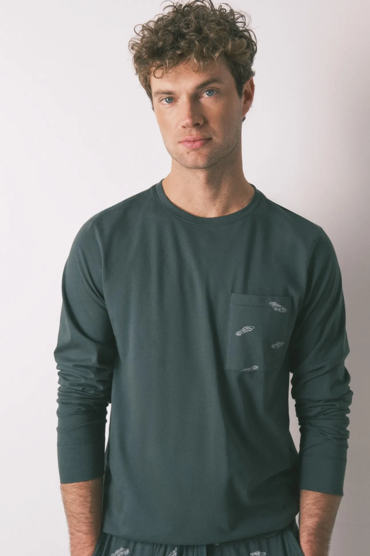 Pijama largo hombre 100% algodón verde coches