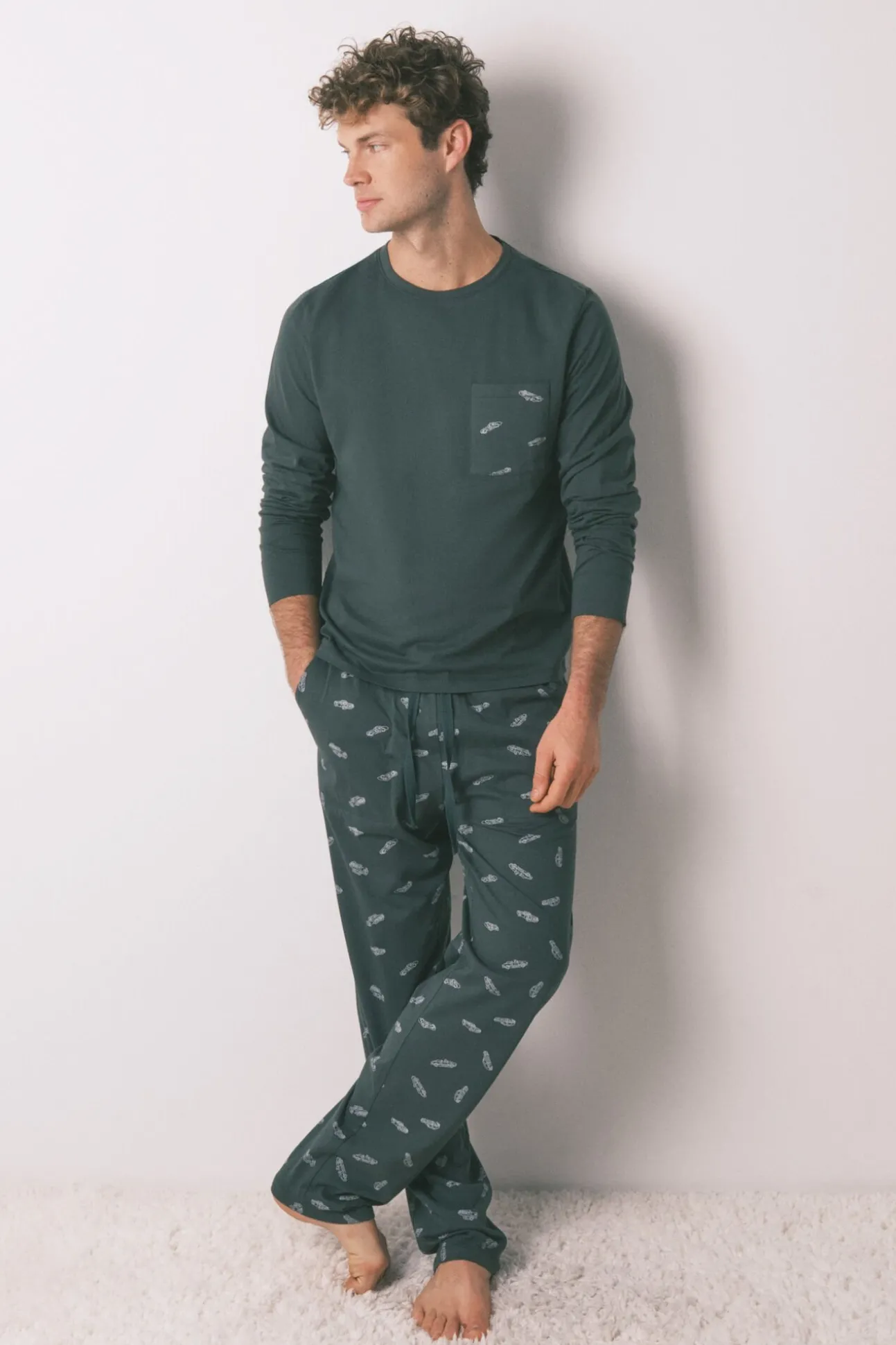 Pijama largo hombre 100% algodón verde coches