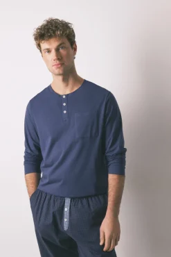 Pijama largo hombre 100% algodón azul cuadros