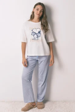 Pijama largo manga corta algodón Snoopy Vichy