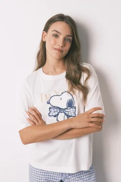 Pijama largo manga corta algodón Snoopy Vichy