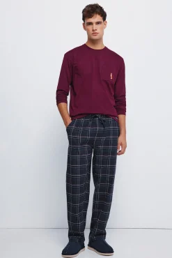 Pijama largo pantalón fannel cuadros granate