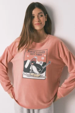 Pijama largo polar suave rosa y gris Pingu