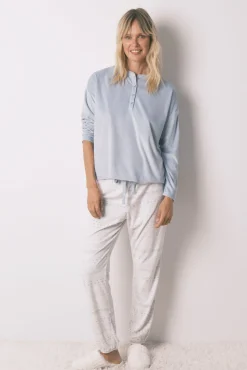 Pijama largo polar suave cenefas azul