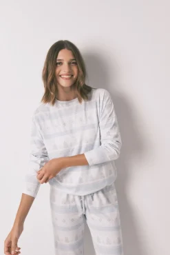 Pijama largo punto suave cenefas azul