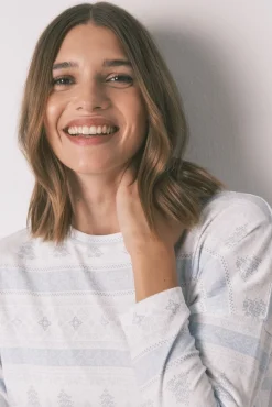 Pijama largo punto suave cenefas azul