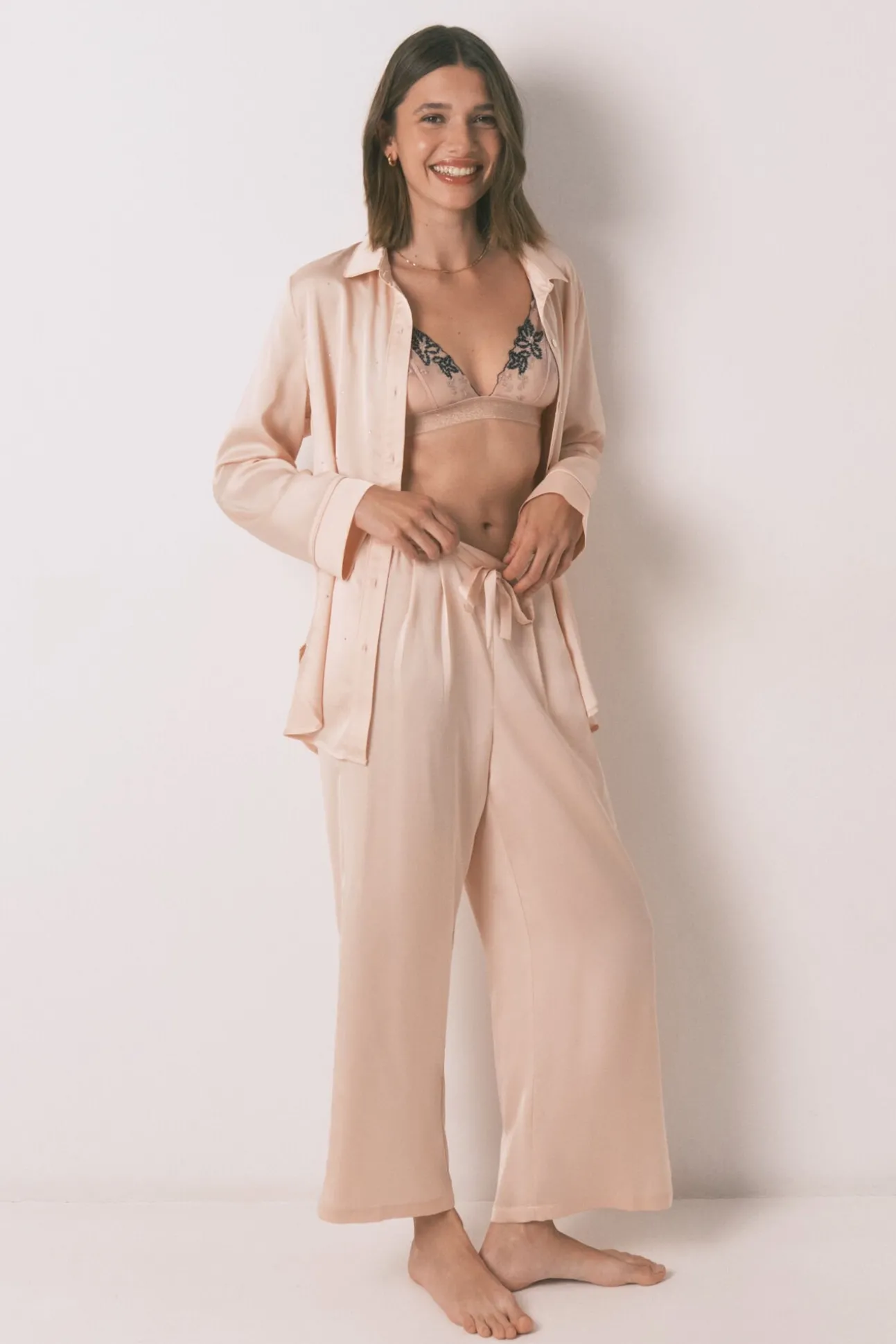 Pijama largo strass satén naranja