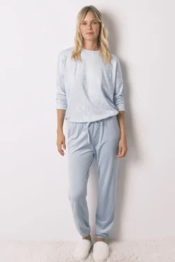 Pijama largo terciopelo brillo flores azul