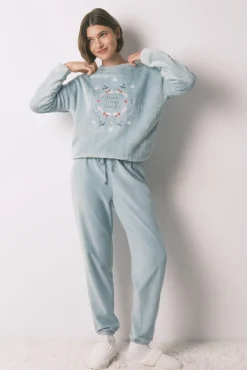 Pijama largo terciopelo textura azul