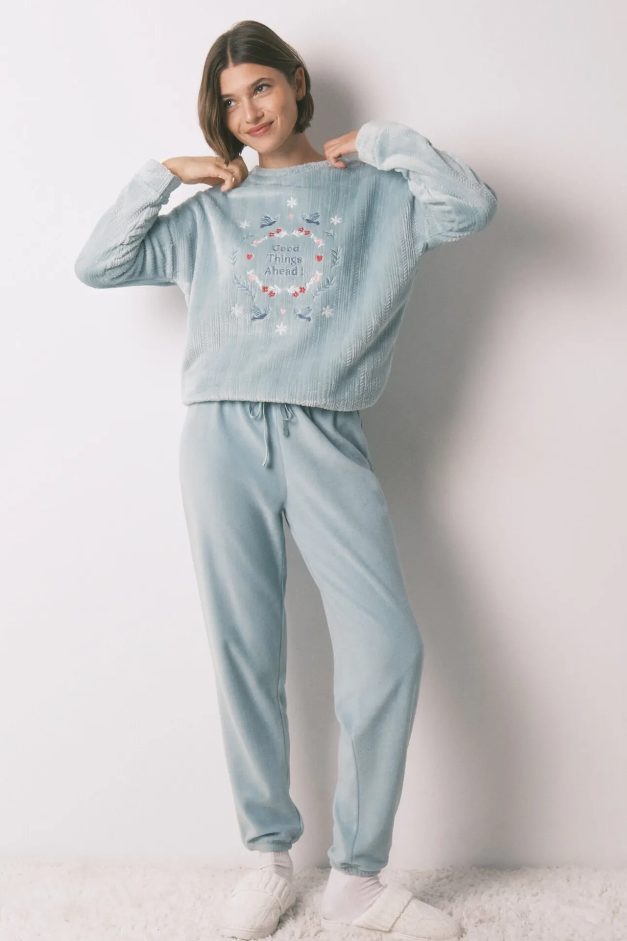 Pijama largo terciopelo textura azul