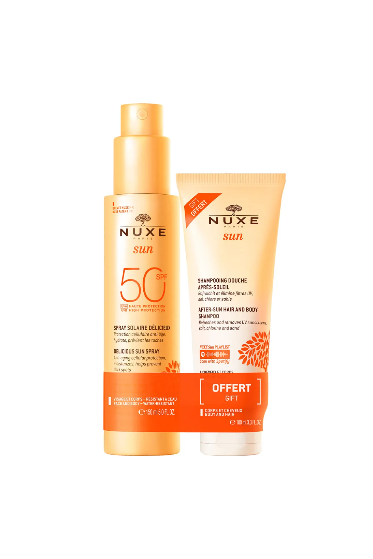 Spray Fundente Rostro y Cuerpo SPF 50 NUXE Sun+ Champú de Ducha After Sun 100ml DE REGALO