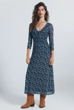 Vestido midi frunces estampado