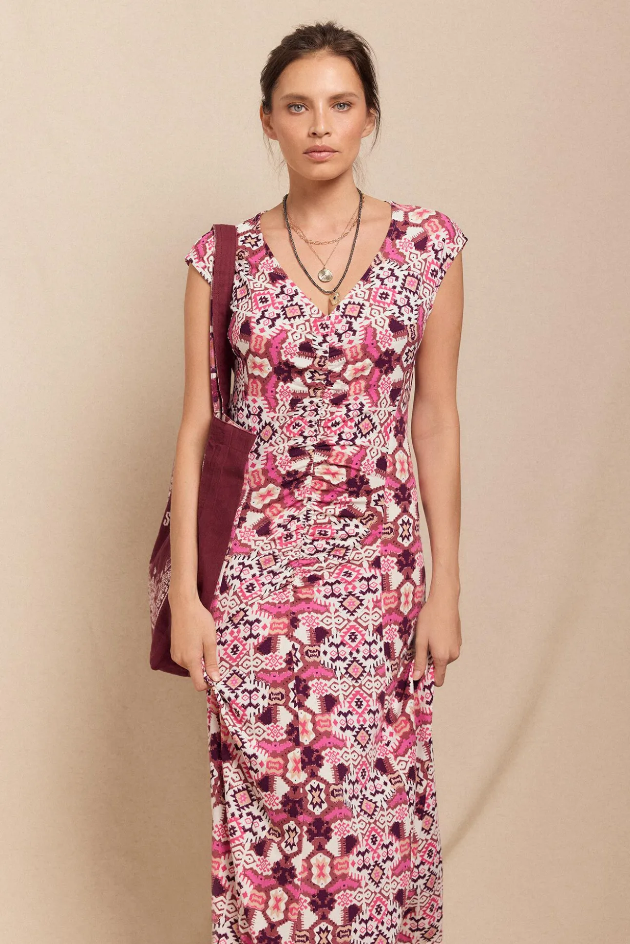 Vestido punto estampado frunce